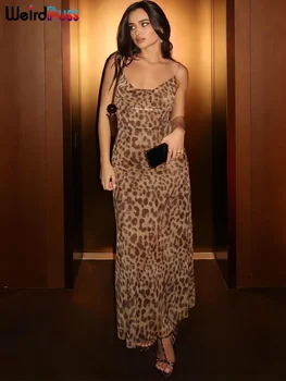 Strano gatto vestito con stampa leopardata donna estate sexy colletto altalena senza spalline volant senza schienale festa clubwear abiti skinny 1