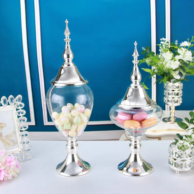 mesa de sobremesa metal decorativo rack de exibição de vidro frasco de doces prata pérola pé alto bolo pan sobremesa placa bandeja de armazenamento vaso