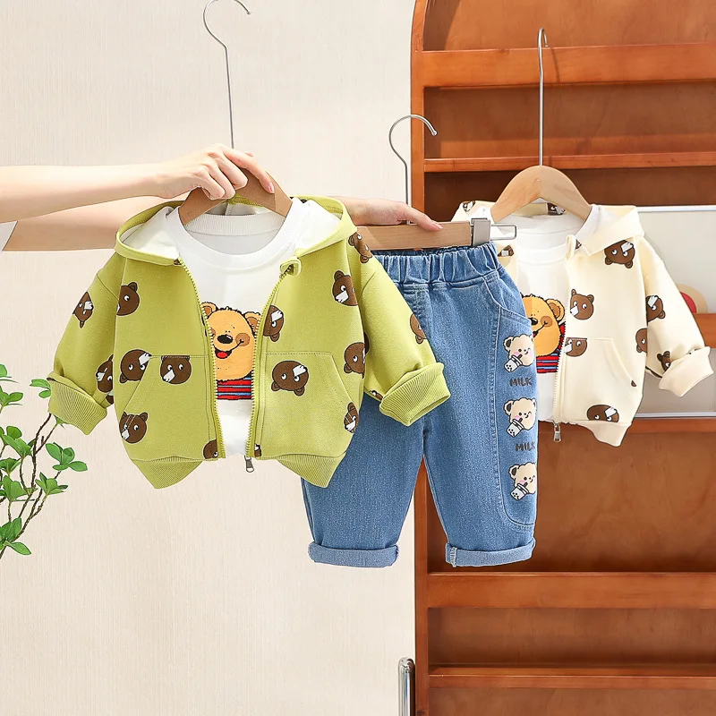 

2023 Toddler Newborn Baby Boy Outfit Long Sleeve Hooded Zipper Sweatshirts Jeans Pants Pullover Tops Clothes Set Fall Winter 3PC