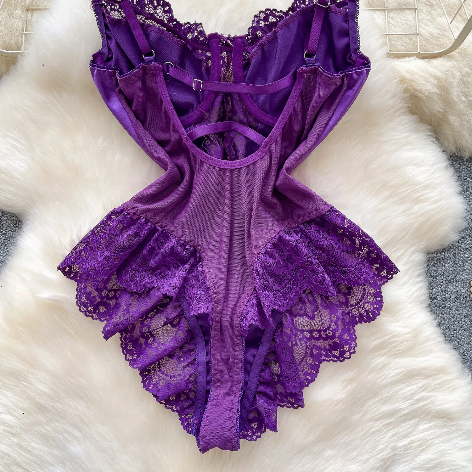 women’s satin lace bodysuit full-length display