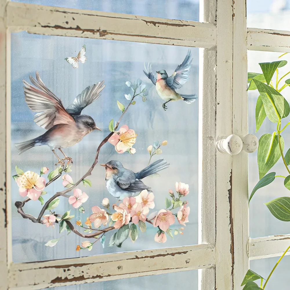 Peach Blossom Twig Bird Glass Window Home Landscaping Decoration Electrostatic Uv Window Sticker Full Body Mirror 1PCS