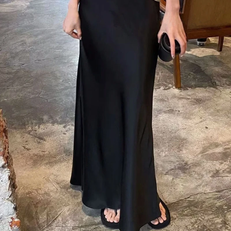 Deeptown Elegant Women's Satin Skirt Black Luxury Retro Long Skirts Korean Fashion Slim Up A-line Streetwear Summer Casual Skirt