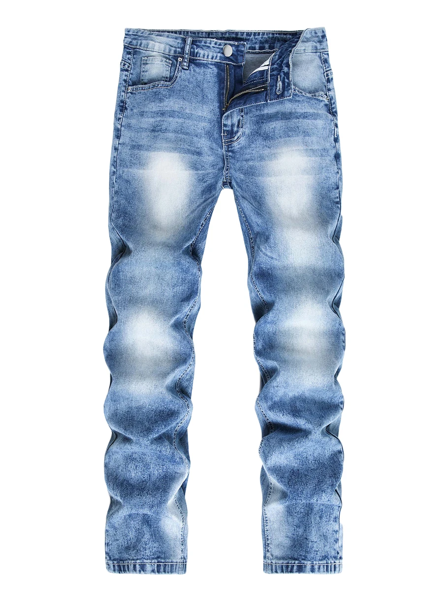 Men s Vintage  Fit Jeans Faded Washed Denim Trousers with Ripped Holes and Frayed Hem Casual Streetwear Bottoms
