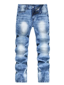 Men s Vintage  Fit Jeans Faded Washed Denim Trousers with Ripped Holes and Frayed Hem Casual Streetwear Bottoms