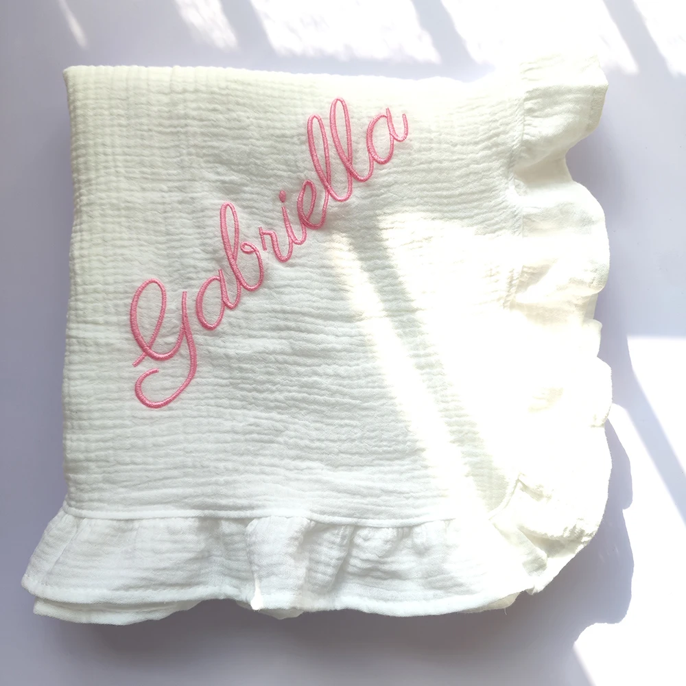 Ruffle Blanket Customize Name Personalized Embroider Baby Blanket Cotton Baby Comforter Cotton Infant Blanket Swaddle Bath Towel 6