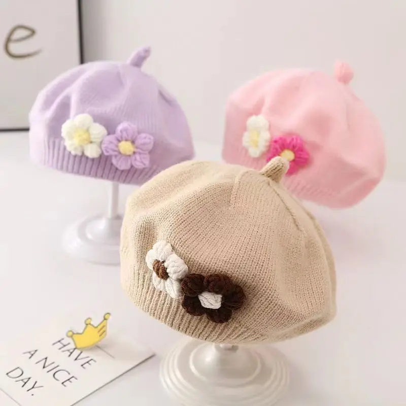 Knit Hat Flower Beret Cap for Infant Girls Korean Toddler Princess