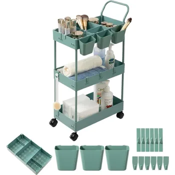 Storage Cart on Wheels, Bathroom Organizer Slim Laundry Cart Narrow Shelf Cart with Wheels Dividers Hanging Cups Hooks 1