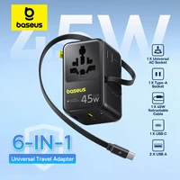 【NEW】Baseus 6-IN-1 GaN Phone Charger Universal Travel Adapter 45W/70W Retractable Cable 2AC Socket EU/UK/US Plug USB Charger