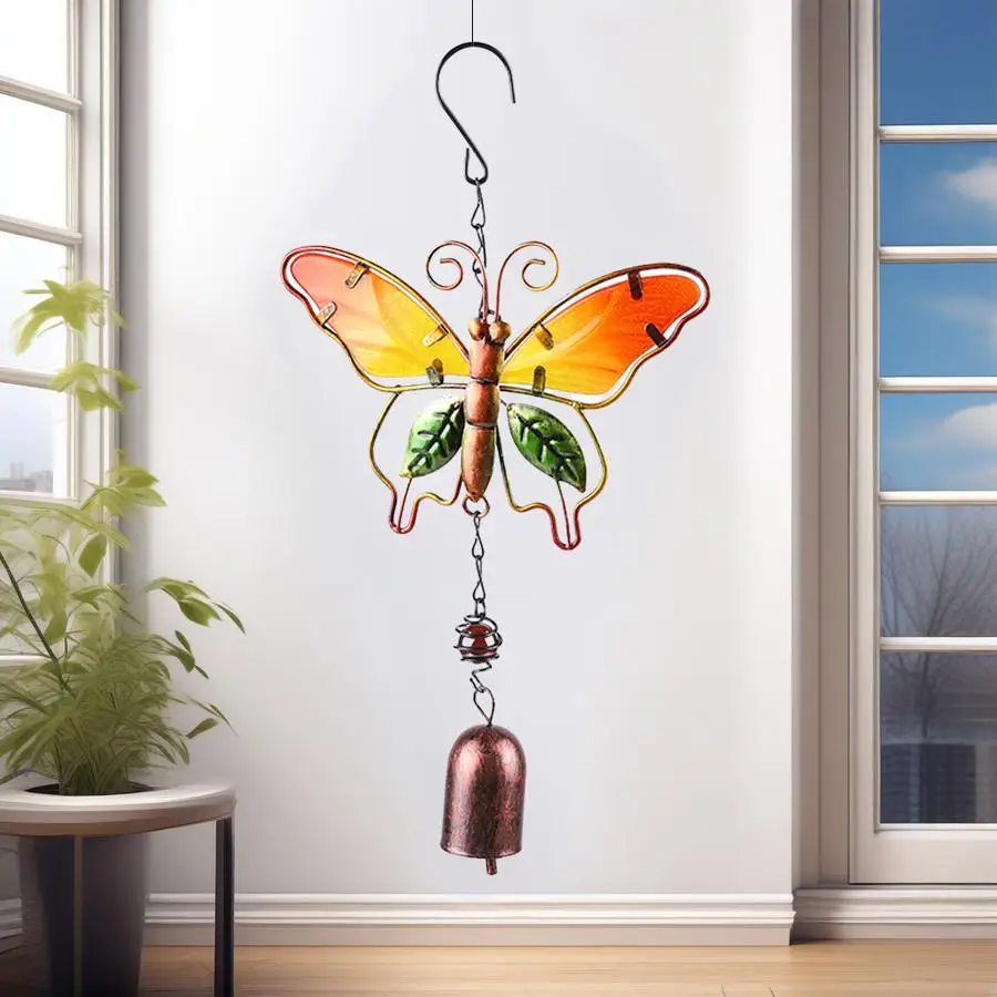 Creative Beautiful Butterfly Wind Chime Metal Iron Art Glass Painted Garden Porch Terrace Hanging Decoration Spring Festival Celebration Mother's Day Decoration