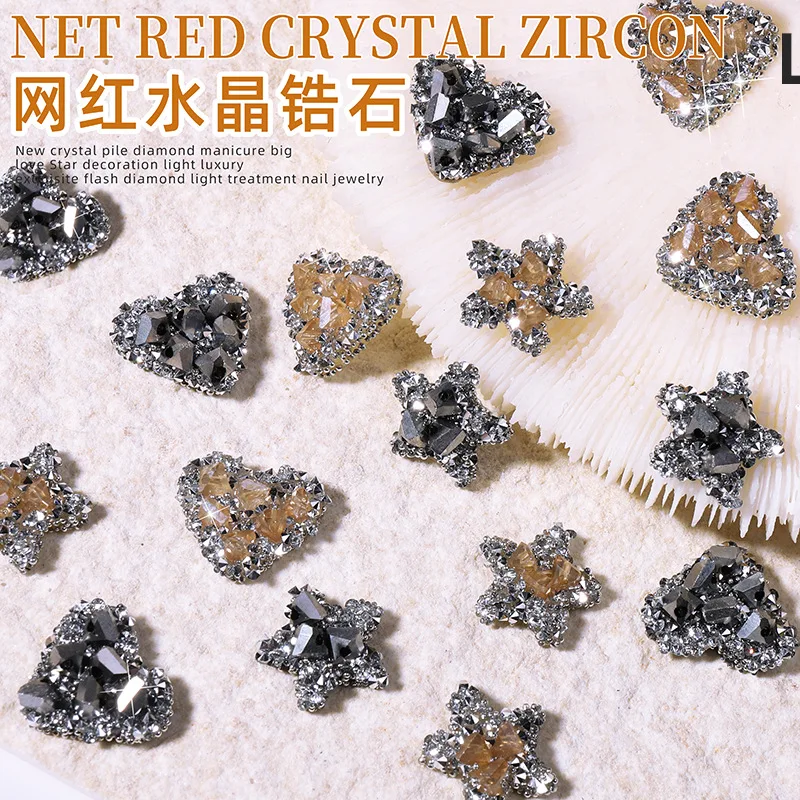 

10pcs 16*14mm Nail Art Heart Rhinestone Jewelry Champagne Silver Black Heart Star Nail Zircon Charms DIY Luxury Nail Decorations