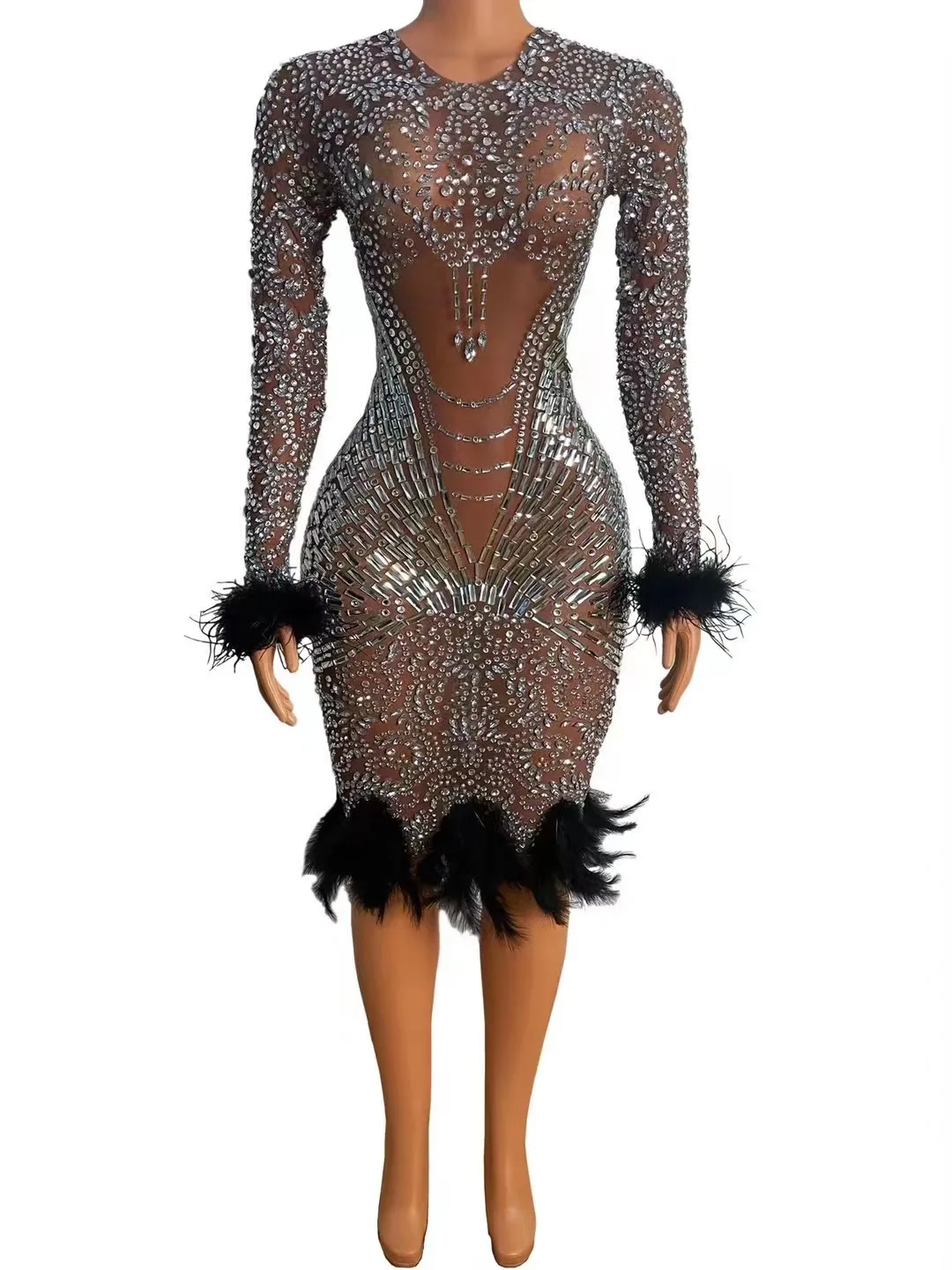 

New Female Singer Car Model Dance Dj Water Diamond Mesh Elastic Short Skirt Evening Dress Stage Performance Costume Female