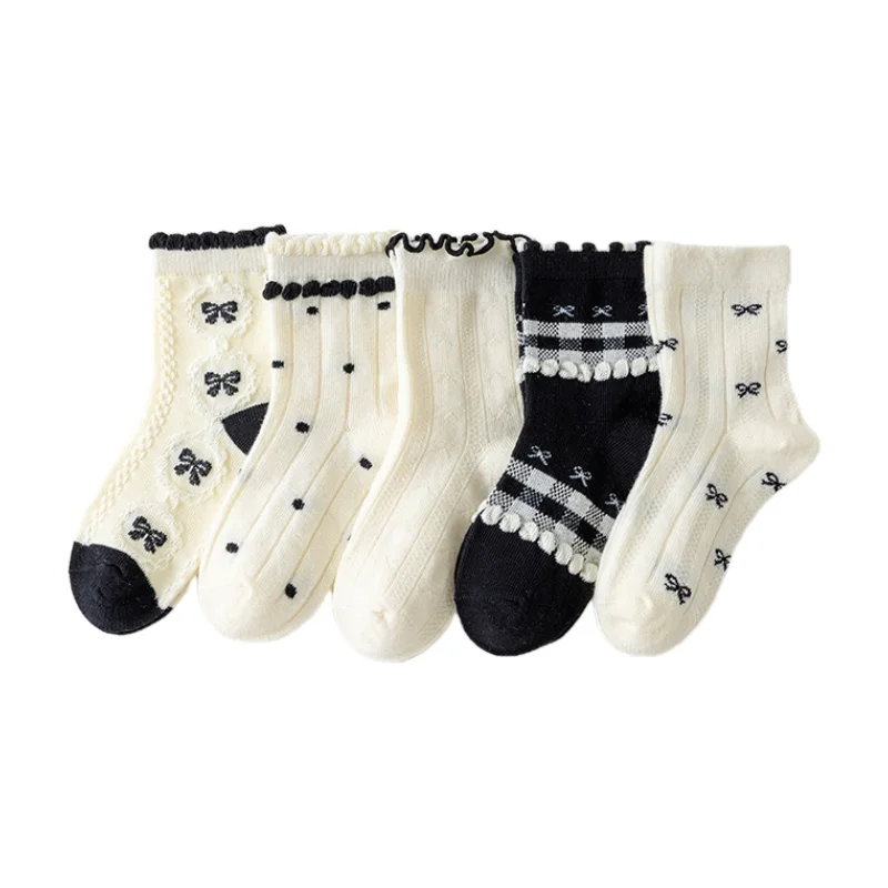 Trendy Cotton Solid Children Girls Lace Socks 5 Pairs Bow Ties Soft Breathable Striped Non-slip Half Princess Socks for Girls