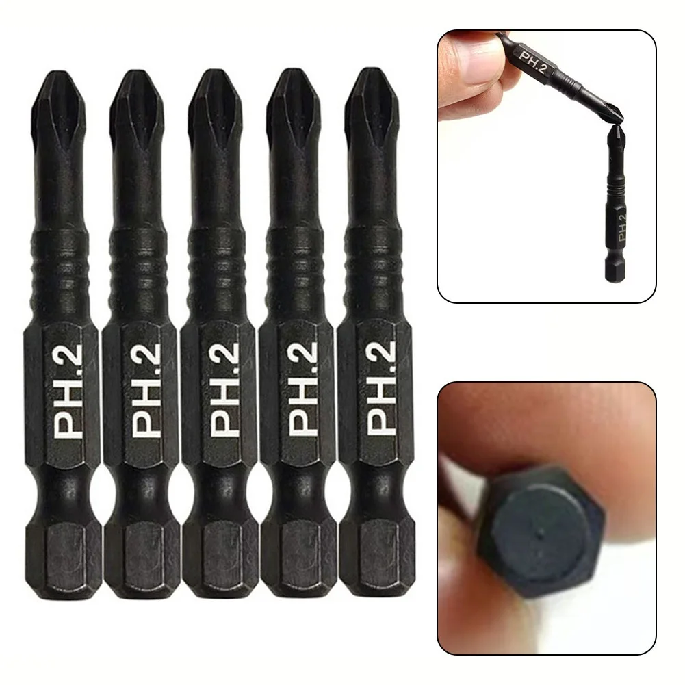 

5pcs 50mm Black Magnetic Cross Screwdriver Bits Set Electric Screwdriver PH2 Bit Hand Tools Hexagonal Handle Screwdriver