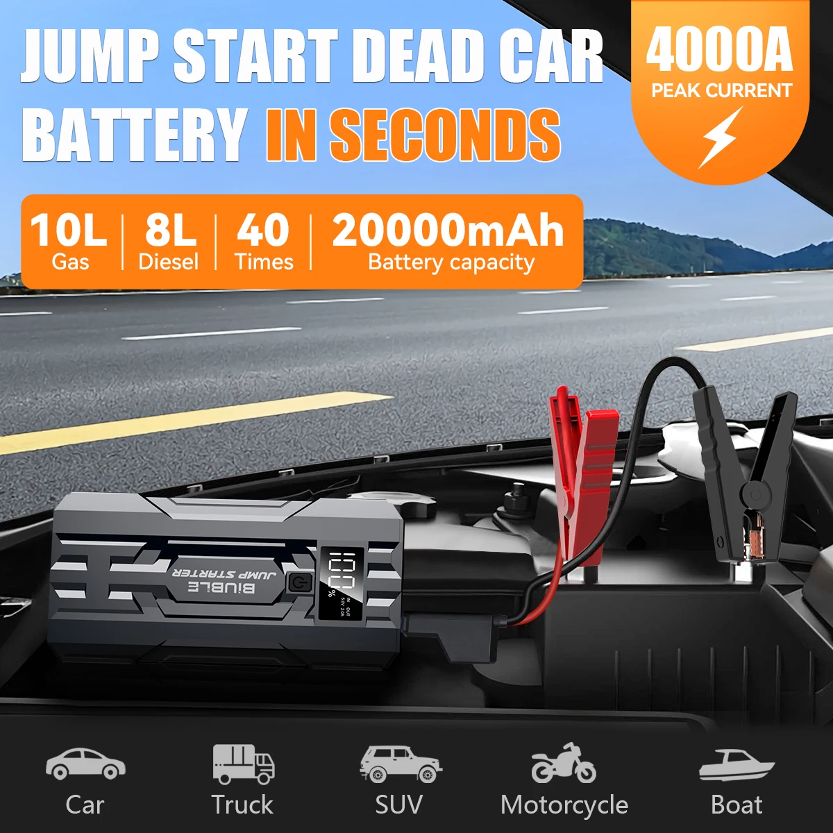 Car jump starter Car battery charger Jump starter BIUBLE Car Jump Starter 4000A Peak 25000mAh 12V Auto Booster Battery Charger Jumper Box with Display