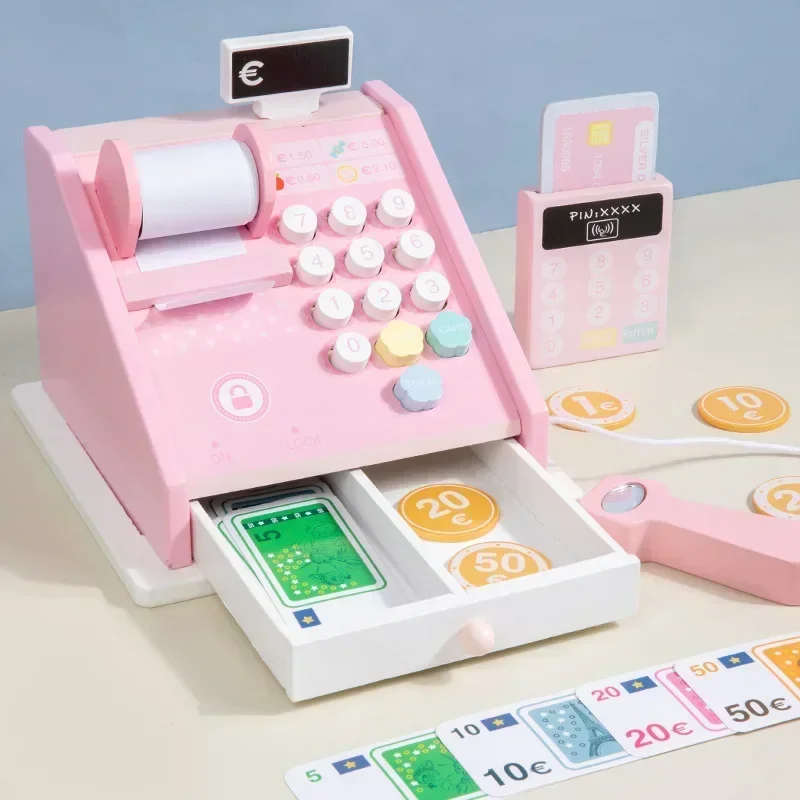 Wooden Cash Register Toy Kids Cash Register Money Counting Toys Colorful Strong Cashier Toy With Scanner And Credit Card For Pre