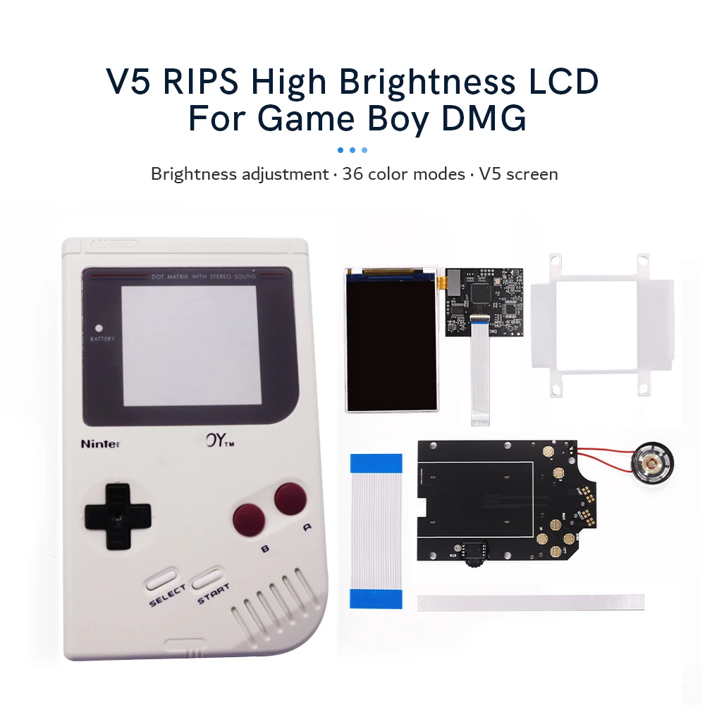 Guscio Pretagliato Bianco + Pulsante Classico V5 Osd Colore Modello Retroilluminazione Luminosità Schermo Lcd Ips Per Game Boy Classic Gbo/Dmg