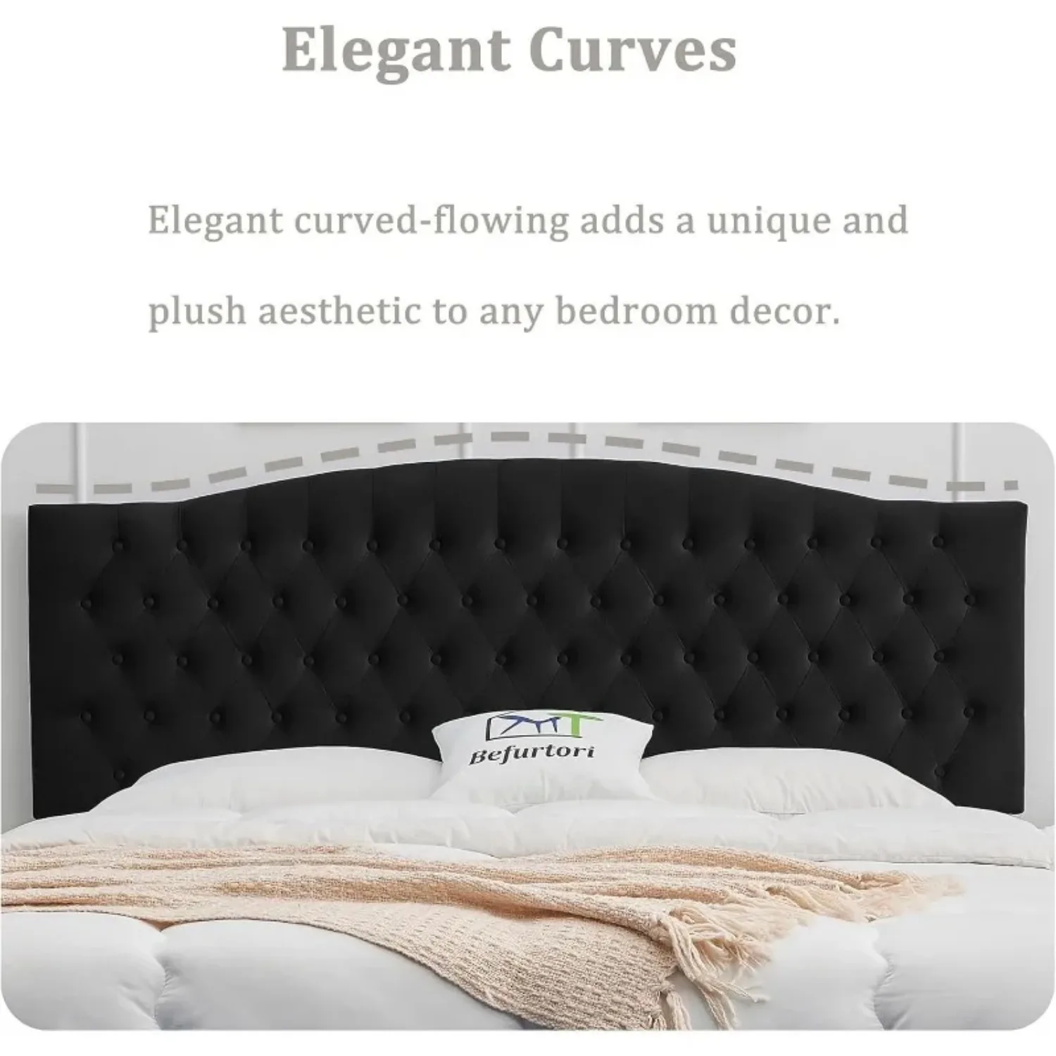 Velvet Upholstered King/Cal King Headboard,Neutral Curved Integrated Design with Tufted Solid Wood and Luxury Soft Padded, Black