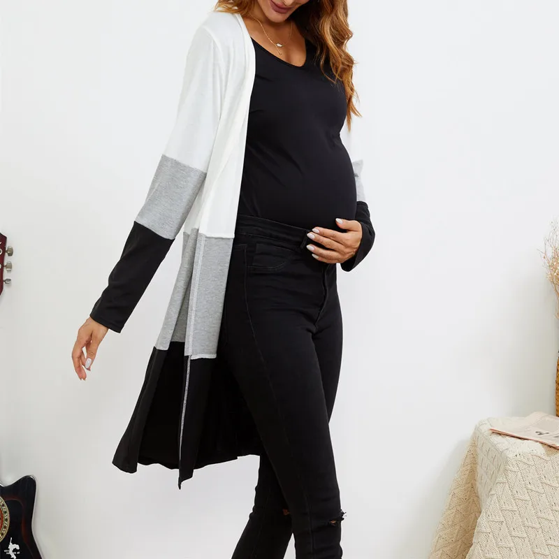 Autumn Winter Casual Striped Knitted Maternity Long Casual Coat Oversize Loose Straight Clothes for Pregnant Women Pregnancy