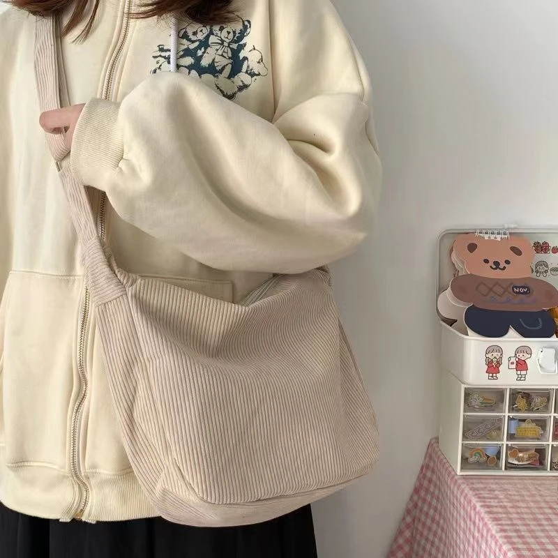 Women's Corduroy Crossbody Bag Korean Casual Lazy Style Shoulder Purse Large Capacity Solid Color Handbag