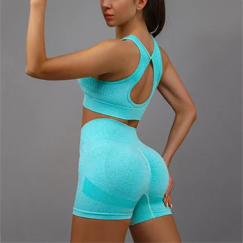 Ensembles de yoga pour femmes, tenues de pêche, levage de la hanche, cou trempé, soutien-gorge de sport, antichoc, séchage rapide, ensemble de shorts, survêtement féminin, 2 pièces