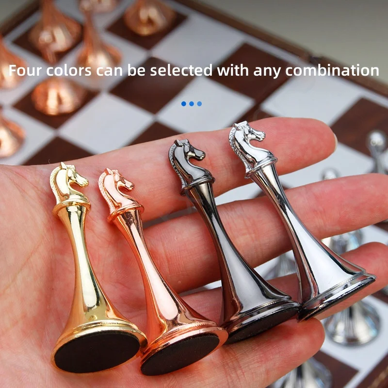 

Chess Board Metal Pieces Folding Wooden Board Games Portable Parent-Child Interactive Chess Toy Table Game