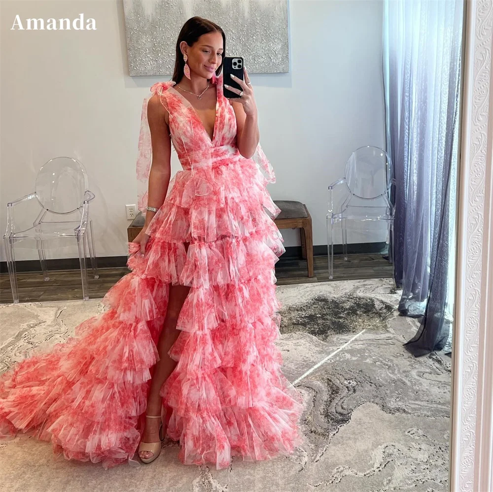 

Amanda Pink Dresses V-neck A-line Evening Dress Sleeveless Spaghetti Strap Sexy Side Split Tulle Party vestidos de fiesta 2024