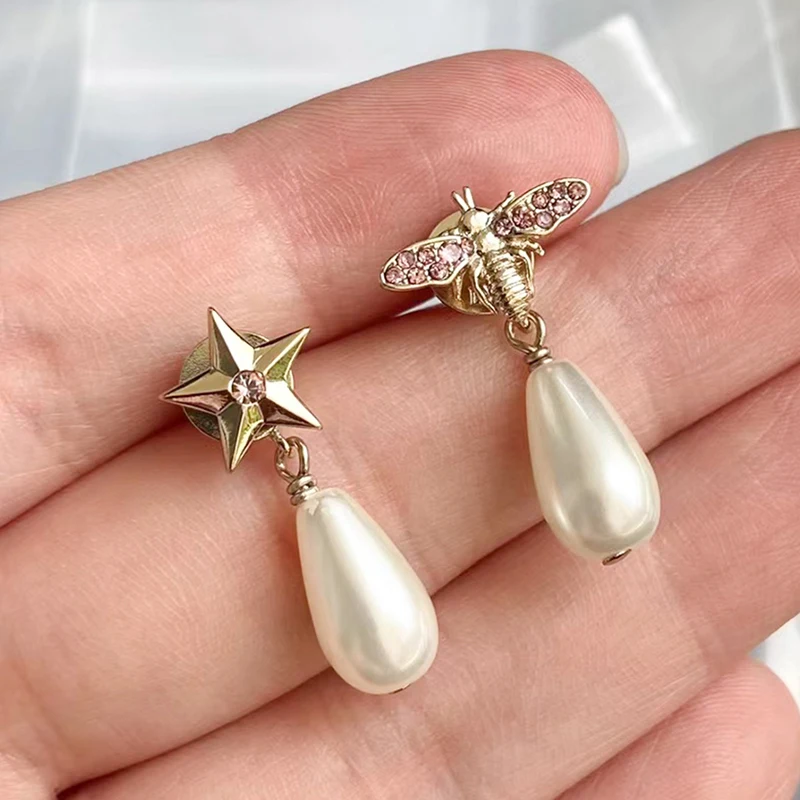 Luxury Five Pointed Bee Pearls AB Style Micro Inlaid Pink Zircon Earrings for Women Jewelry