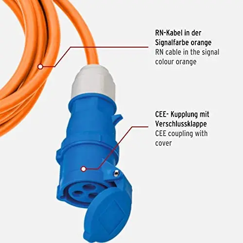 alargador CEE, cable de 10 m en naranja, enchufe y acoplamiento CEE con tapa de cierre, IP44, uso en exteriores, Made in Germany Brennenstuhl cable alargador CEE de 10 m para camping y caravana 