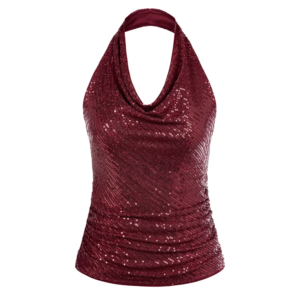 

GK Camisole Women Sequined Party Tops Female Summer Sleeveless Cropped Vest Backless Halterneck Cowl Neck Ruched Tops