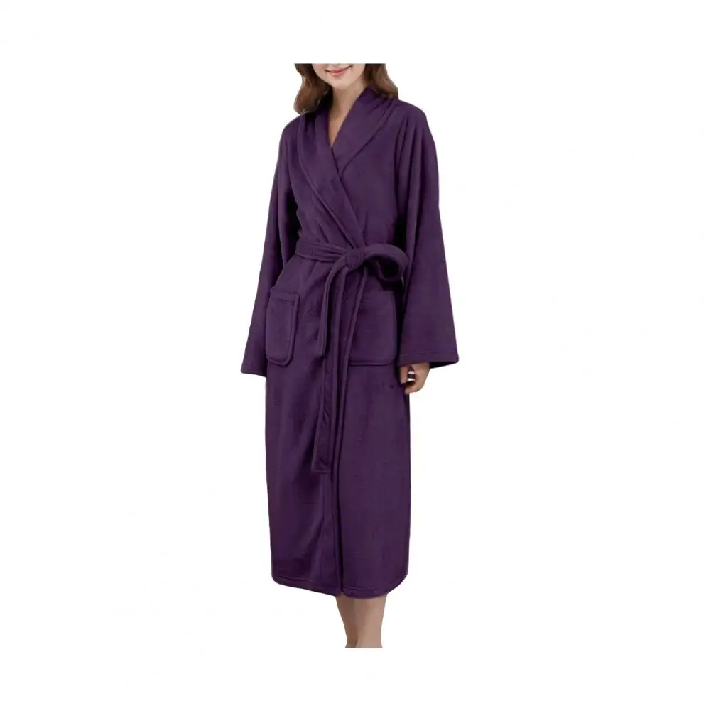 Bathrobe Lapel Long Sleeve Flannel Soft Long Bathrobe Couple Loungewear Bathrobe with Pockets Waist Tie Nightwear