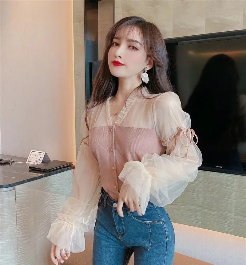 Woman Sweaters Mesh Splicing Knitwear Women's V-neck Flared Sleeves Slim-Fit Lace Top long sweater