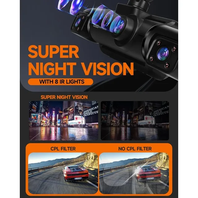 Dual Dash Cam 4K Front + 1080P Rear – 5GHz WiFi, 360° Swivel Rear Camera, App, G-Sensor, 64GB Card