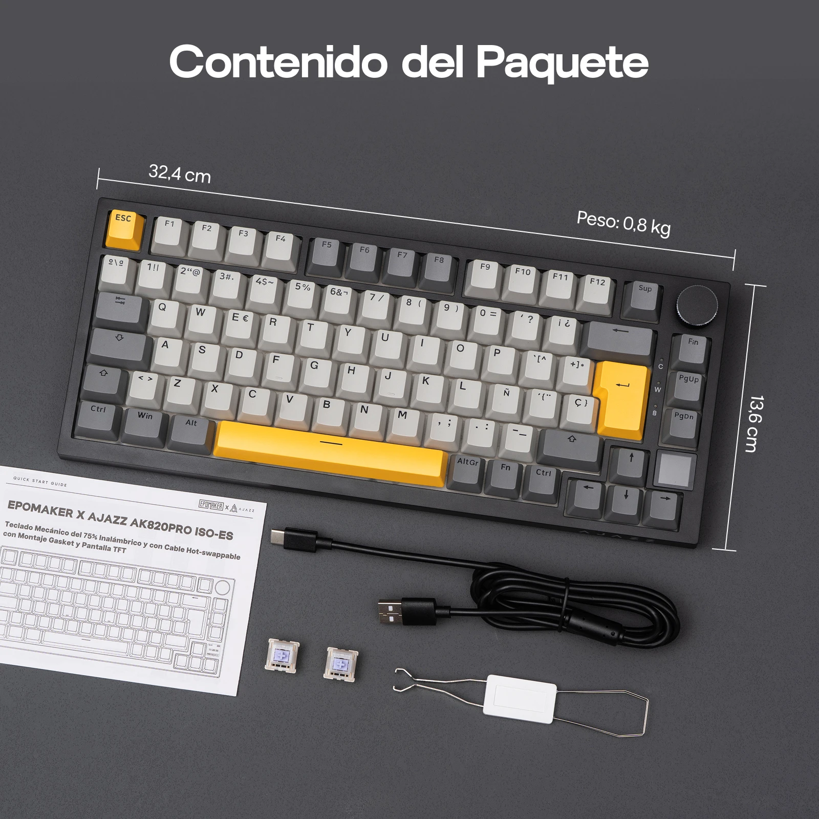 ISO-ES 레이아웃 EPOMAKER X AJAZZ AK820 PRO 75% 스페인어 레이아웃 유선/2.4GHz/BT 기계식 키보드 (스크린 및 노브 포함) PC/Mac용