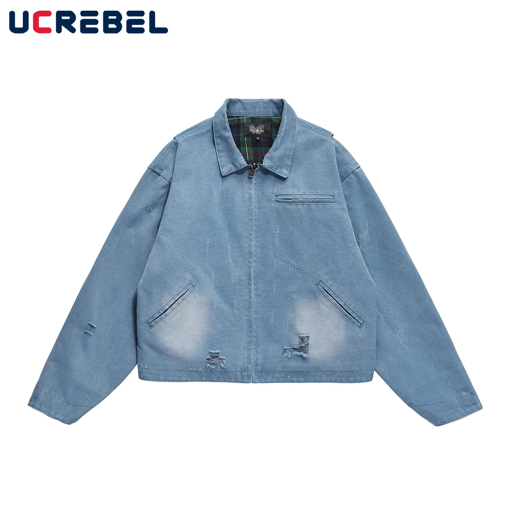 

Autumn Washed Blue Ripped Hole Denim Jacket Mens Streetwear Casual Long Sleeve Lapel Outerwear Men