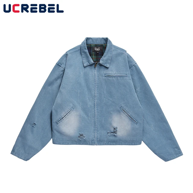 Blue Checkerboard Jacket For Men Fall Retro Trend Lapel Denim Jacket Ripped  Button Jean Jacket Outfit Coat Men Streetwear Jacket - AliExpress