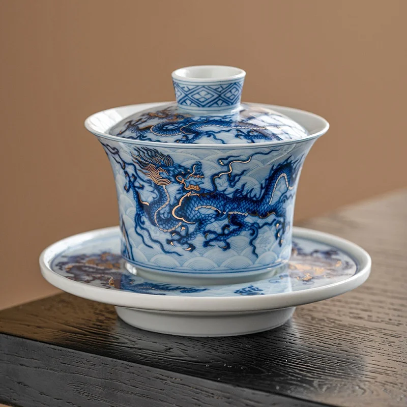 Metal Inlay Blue and White Chinese Dragon Gaiwan Single Ceramic Kungfu Tea Set Tea Making Bowl Tureen