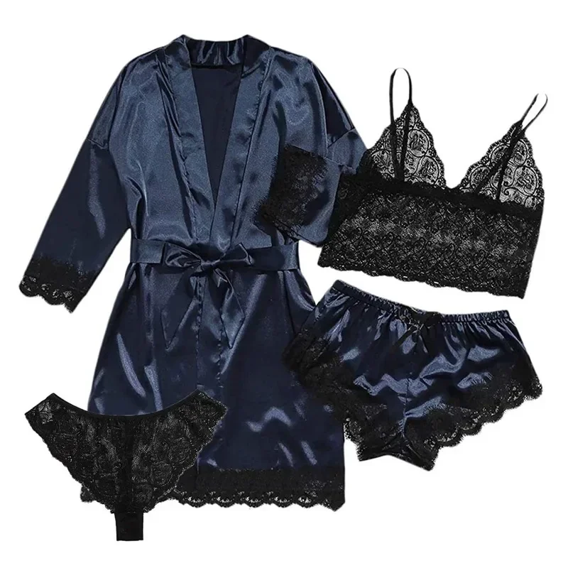 

2024 New Sexy Women's Pajamas Satin 4-piece Lace Silk Suspender Tops Shorts Robe Pajamas Set Nightgown Underwear Nightdress Suit