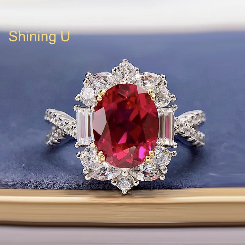 

Shining U Luxury S925 Silver 7*9mm Oval Ruby Ring for Women Fine Jewelry Gift