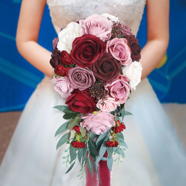 Ramos de boda para novia, ramo de dama de honor, flores artificiales, ramo  de rosas rojas vino para novia, iglesia, decoración del hogar, regalos (11