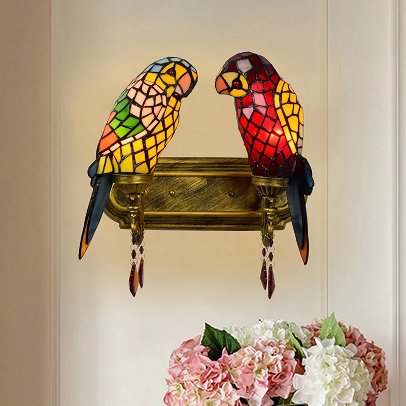 

Handmade Double-headed Parrot Luxury Wall Lamp Tiffany Stained Glass Living Room Corridor Bedroom Lamp