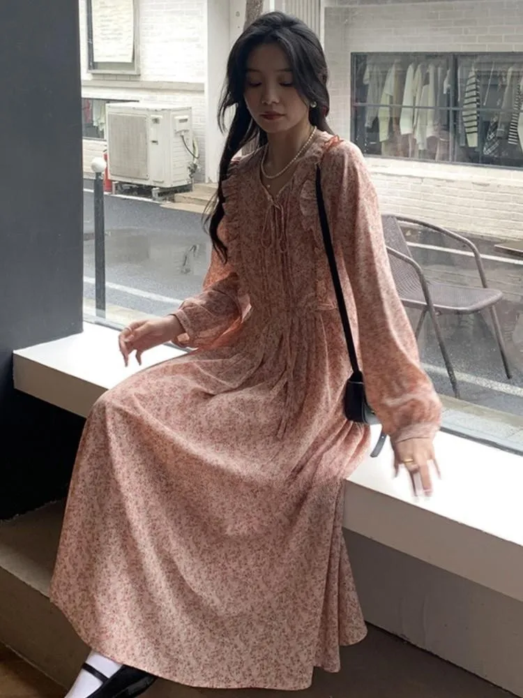 

French Flora Print Women Midi Dress Elegant Long Sleeve Sweet Lady O-neck One Pieces Clothes 2023 Autumn A-line Vestidos Robe
