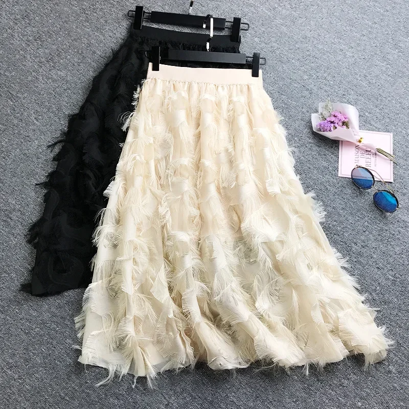 

Luxury Chiffon Skirts Jupe Femme 2024 New Spring Summer Feather Tassel Midi Skirt High Waist Elegant Slim Long Maxi Skirt C15