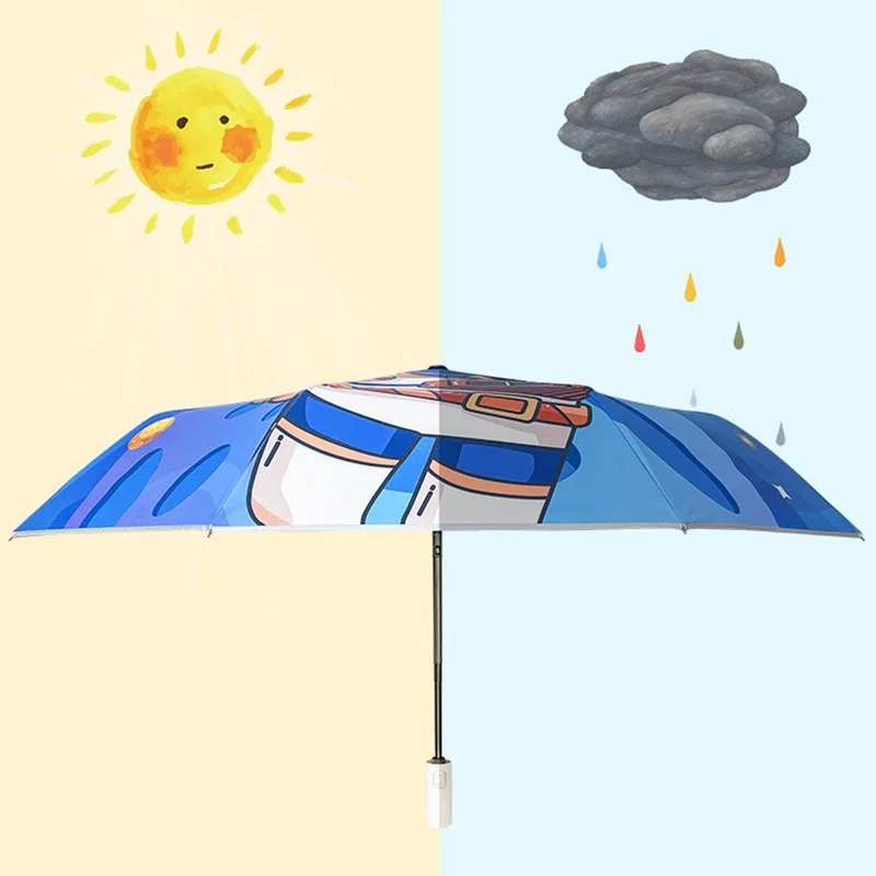 Unisex Manual 8 Ribs Adorable Cartoon Astronaut Pattern Folding Umbrella Casual Lightweight Compact Backpack Umbrella