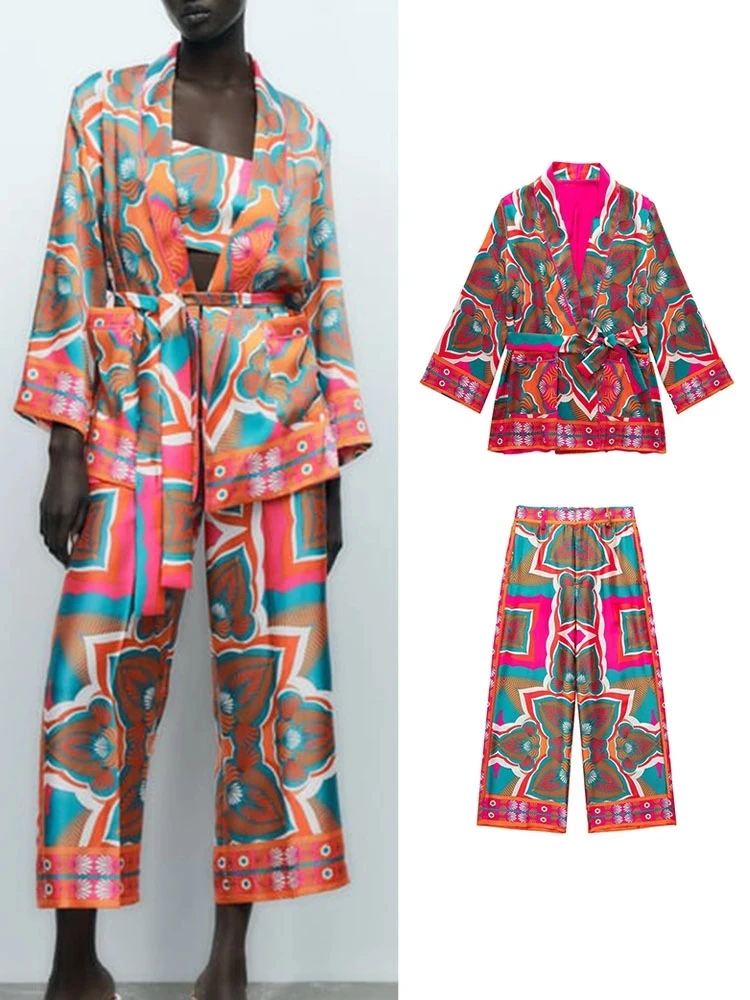 

Women Fashion Print Pajamas Suit Autumn Shirts+Long Pants Set 2023 Female 2PCS Sets Casual Top With Belt Street Outwear Mujer