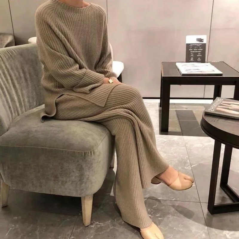 2023 Autumn Winter Knitted Sweater Two-Piece Set Women Turtleneck Top Warm Thick Pants Suits Female Casual Pullover Tracksuits