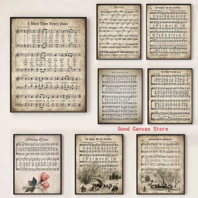 Vintage Christmas Carols Canvas Painting Sheet Music Hymn Aged Antique Grunge Poster Hd Print Wall Art Pictures Room Home Decor