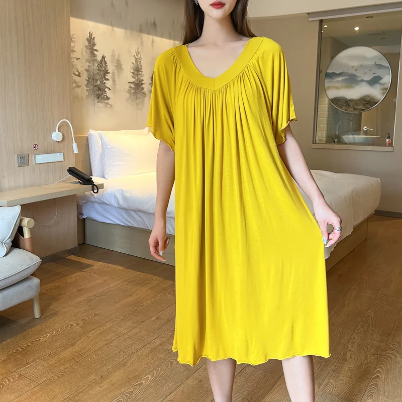 Modal Nightgowns Summer Women's Nightwear Nightdress Thin Skirt Short Sleeve Sleepwear Loose Plus Size Homewear Fold Night Dress