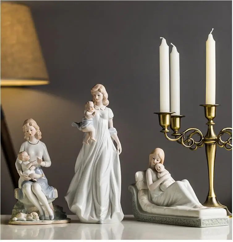 

European Ceramic Woman Child Ornaments Home Furnishing Table Character Figurines Crafts Office Desktop Statues Decoration Art