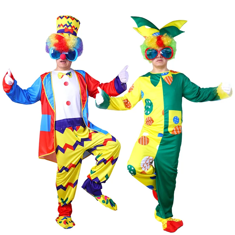 Adult Men Women Circus Clown Costume with Mask Shoes Wig Gloves Bag Clown Funny Costume Carnival Party