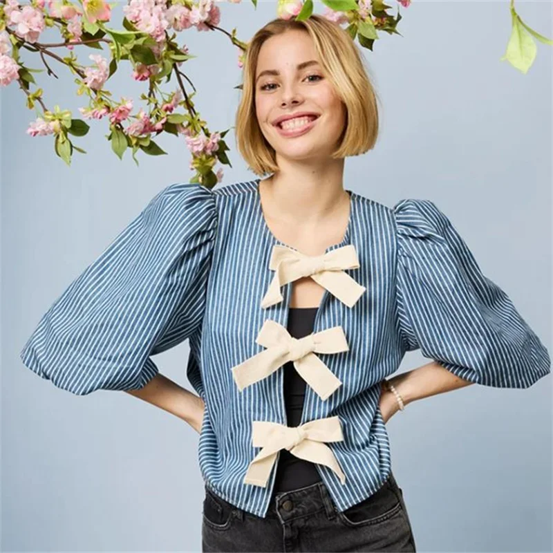 

Женская блузка с баской Y2k, блузка с коротким рукавом-фонариком и бантом, блузка с открытой передней оборкой, женская уличная одежда